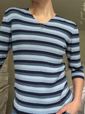 VINTAGE y2k Reitmans striped 3/4 sleeve ribbed knit v-neck sweater